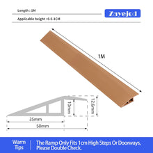 Load image into Gallery viewer, Diagram showing 1 m long yellow-brown PVC rubber threshold ramp with measurements, suitable for 0.5–1 cm height differences at doorways, including width and height specifications
