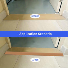 Load image into Gallery viewer, Before and after view of a doorway threshold, showing the original raised strip and the installed PVC rubber ramp creating a smooth, low-profile transition for wheelchair, scooter, and walking access