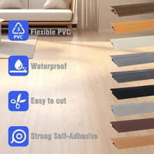 Load image into Gallery viewer, Feature graphic showing flexible PVC threshold ramp with icons highlighting waterproof, easy-to-cut, and strong self-adhesive properties, alongside multiple colour options displayed in a modern home interior