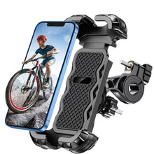 Load image into Gallery viewer, Quick-install bicycle phone holder with reinforced silicone cushions, 360° adjustable rotation, and safety lock for secure phone mounting on handlebars