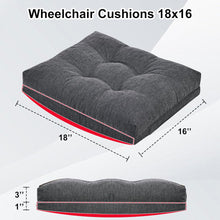 Load image into Gallery viewer, Memory foam wheelchair cushion highlighting 18-inch width, 16-inch depth, and supportive curved base