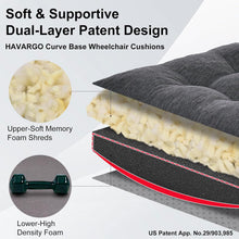 Load image into Gallery viewer, Dual-layer wheelchair cushion cutaway showing soft memory foam shreds on top and high-density curved foam base for support