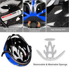Load image into Gallery viewer, Bicycle helmet with safety certification, adjustable head circumference, high-density EPS, and removable washable sponge features.