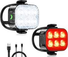 Load image into Gallery viewer, Rechargeable ultra‑thin bike light set: front headlight + rear taillight, 4 modes in front, 6 modes in rear, IP65 waterproof, 1.5‑hour fast charge