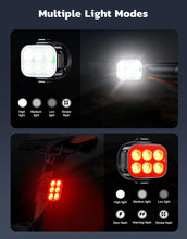 Load image into Gallery viewer, Rechargeable ultra‑thin bike light set: front headlight + rear taillight, 4 modes in front, 6 modes in rear, IP65 waterproof, 1.5‑hour fast charge
