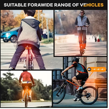 Load image into Gallery viewer, USB-rechargeable bike LED light with red and yellow LEDs, remote control signaling, and built-in speaker for enhanced cycling safety