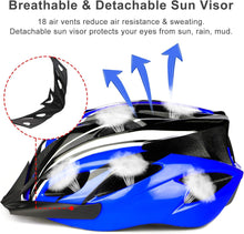 Load image into Gallery viewer, Blue Bike helmet with breathable and detachable sun visor feature, showing air vents and protective benefits.