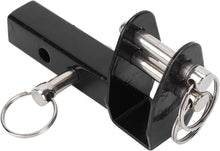 Load image into Gallery viewer, Mobility scooter rear mounting bracket made from black aluminium alloy, featuring a square tow bar receiver and dual quick-release locking pins with safety rings
