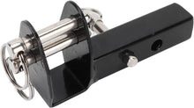 Load image into Gallery viewer, Black aluminium mobility scooter rear mounting bracket with square tow bar receiver, featuring dual stainless steel locking pins and safety rings for secure trailer or accessory attachment