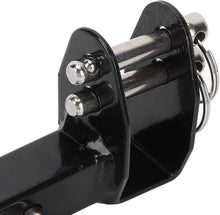 Load image into Gallery viewer, Mobility scooter rear mounting bracket showing two stainless steel locking pins with safety rings, reinforced black metal side plates, and a sturdy tow bar receiver designed for secure scooter accessory attachment.
