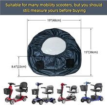 Load image into Gallery viewer, Mobility scooter tiller control panel cover shown flat with measurement guide, displaying 48 cm width, 38 cm height, and 22 cm depth, plus note advising users to measure their scooter before purchase and compatibility examples with different scooter models.