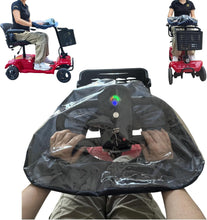 Load image into Gallery viewer, Mobility scooter control panel tiller cover fitted over handlebars, showing hands operating controls through clear waterproof PVC, with side and front views of the cover on a red mobility scooter.