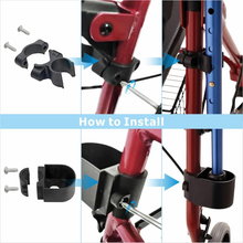 Load image into Gallery viewer, Cane holder attached to walker holding walking stick securely in place