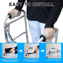 Load image into Gallery viewer, Black padded grip covers installed on a standard rolling walker handle, demonstrating secure fit, ergonomic comfort, and enhanced grip support for seniors and individuals with arthritis.