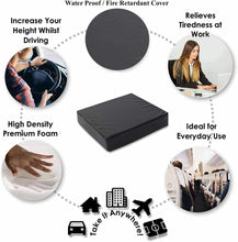 Load image into Gallery viewer, Informational graphic displaying a black orthopaedic cushion designed for pressure relief, showing its waterproof and fire-retardant cover, ergonomic support, and multi-environment use including work, commuting, and everyday seating.