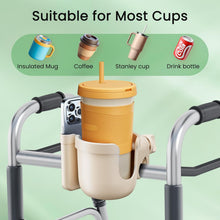 Load image into Gallery viewer, Universal cup holder mounted to a walker frame holding a large insulated tumbler with straw, shown alongside a phone holder for hands-free convenience