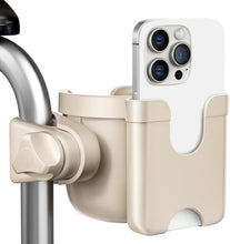 Load image into Gallery viewer, Beige adjustable phone holder securely mounted to a wheelchair or walker frame, holding a smartphone upright with easy access while keeping hands free