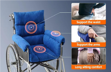 Load image into Gallery viewer, Blue wheelchair cushion set with armrest covers and coccyx support.