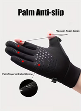 Load image into Gallery viewer, CushBike touchscreen bike gloves with flip‑top fingers – windproof winter cycling gloves with gel‑padded palms and touchscreen fingertips for outdoor riding.