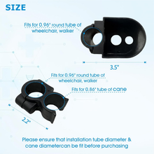 Load image into Gallery viewer, Close-up of cane holder bracket mounted on 0.96 inch round tube walker frame