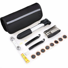 Load image into Gallery viewer, Bike repair tool kit with mini pump, puncture repair kit, hex keys, and tyre levers in a canvas pouch.