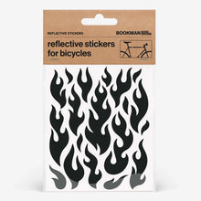 Load image into Gallery viewer, Bookman black reflective flame stickers for bicycles displayed in original product packaging.