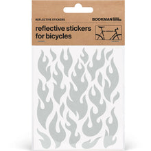 Load image into Gallery viewer, Bookman white reflective flame-shaped stickers for bicycles displayed in original product packaging.