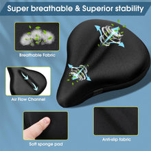 Load image into Gallery viewer, Comfortable padded bicycle saddle cover with gel cushioning, ideal for indoor and outdoor cycling, enhancing comfort for long rides.