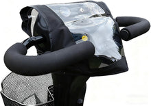 Load image into Gallery viewer, Clear waterproof mobility scooter control panel cover fitted over tiller with visible handlebars and console