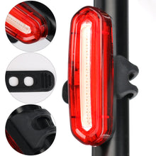 Load image into Gallery viewer, Waterproof LED tail light for bicycles – USB rechargeable, adjustable strap, multiple flash modes.