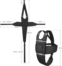 Load image into Gallery viewer, Dimension diagram of black adjustable wheelchair safety harness vest showing full measurements, strap length ranges, chest width, waist belt size, and overall height for proper fit.