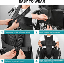 Load image into Gallery viewer, Step-by-step guide showing how to wear and buckle the wheelchair safety harness vest and adjust the straps for a secure fit.