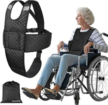 Load image into Gallery viewer, Black adjustable wheelchair safety harness vest with storage pocket shown on an elderly woman seated in a wheelchair, anti-slip anti-fall support belt for adults and seniors.