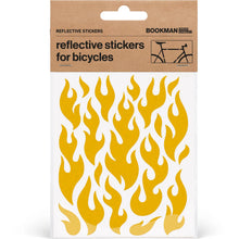 Load image into Gallery viewer, Wholesale yellow reflective flame stickers for bicycles displayed in original product packaging.