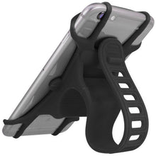Load image into Gallery viewer, Durable silicone bike phone mount securely holding a smartphone on handlebars — universal fit for road, mountain, and commuter bikes.