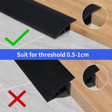 Load image into Gallery viewer, Comparison image showing PVC rubber threshold ramp suitability for 0.5–1 cm height; correct fit marked with green tick and incorrect taller threshold marked with red cross
