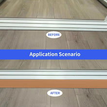 Load image into Gallery viewer, Before and after comparison showing a doorway threshold, with the original raised metal strip and the smoother PVC rubber ramp installed for easier wheelchair, scooter, and robot vacuum access
