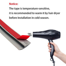 Load image into Gallery viewer, Installation guide image showing a hair dryer warming the self-adhesive tape on a PVC threshold ramp, with a notice explaining the adhesive is temperature-sensitive and should be warmed before installation in cold weather
