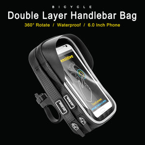 Bike Touch Screen phone holder with 360 Rotation, Waterproof Zipper, two pockets.
