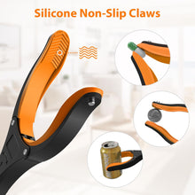 Load image into Gallery viewer, Helping hand grabber tool with orange silicone non-slip claw tips, shown gripping a pill, coin, and drink can for versatile use
