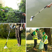 Load image into Gallery viewer, Outdoor use examples of a grabber pick-up tool, including reaching into shrubs, collecting litter from the ground, and removing waste during community clean-up
