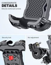 Load image into Gallery viewer, Quick-install bicycle phone holder with reinforced silicone cushions, 360° adjustable rotation, and safety lock for secure phone mounting on handlebars
