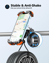 Load image into Gallery viewer, Quick-install bicycle phone holder with reinforced silicone cushions, 360° adjustable rotation, and safety lock for secure phone mounting on handlebars
