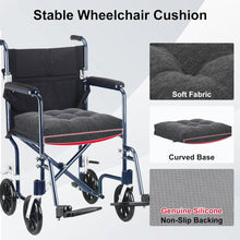 Load image into Gallery viewer, Stable wheelchair cushion shown on a wheelchair, featuring a curved base, soft fabric top, and non-slip silicone backing
