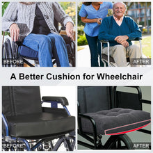 Load image into Gallery viewer, Before-and-after comparison showing improved comfort and posture with an ergonomic wheelchair seat cushion
