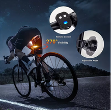 Load image into Gallery viewer, Rear bike LED safety light with remote control, speaker, and red/yellow warning LEDs
