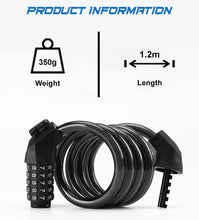 Load image into Gallery viewer, Bike Lock Cable, Combination Bicycle Lock 5 Digit 1.2m Long, Cycle Cable Lock with Code for Bikes E-Bike Mountain Bike Outdoor Scooter Ski. Bike Lock Combination.
