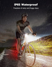 Load image into Gallery viewer, Slim USB‑rechargeable bike lights (front &amp; tail) with 4+6 lighting modes, waterproof design, compact 17mm thick body, for road and commuter bikes.
