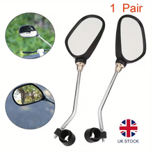 Load image into Gallery viewer, Black rear view mirror attached to a handlebar, compatible with mountain bikes and mobility scooters.
