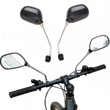 Load image into Gallery viewer, Black handlebar-mounted rear view mirror for bikes and scooters.
